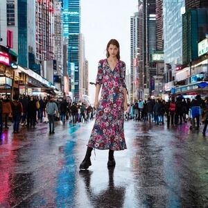 Women’s Dress ZARA Pink Blue Floral Dress V-Neck Knot Sleeves Flirty Maxi Dress